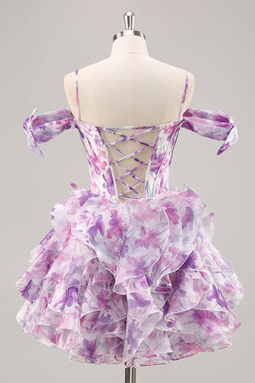 Purple Floral A Line Printed Corset Ruffled Short Cocktail Dress